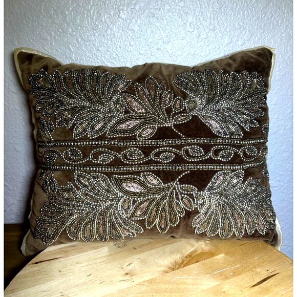 Pier 1 Brown and Gold Beaded Rectangular Shiny Pillow 15 x 12 - Picture 6 of 12